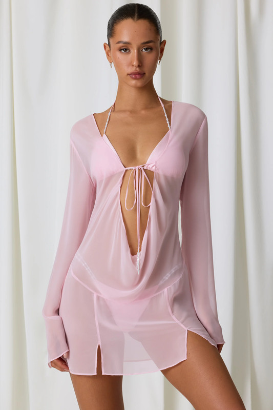 Pearl-Detail Cowl-Neck Micro Mini Dress in Soft Pink - Size:L